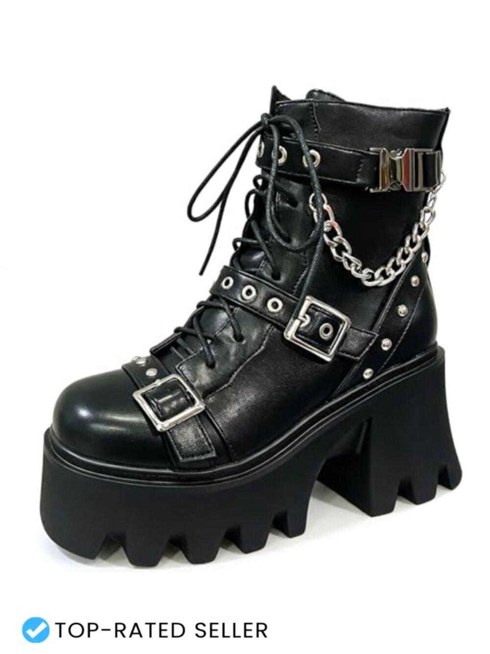 Womens Platform Combat Boots Chunky Block Heel Chain PU Leather Zip Ankle